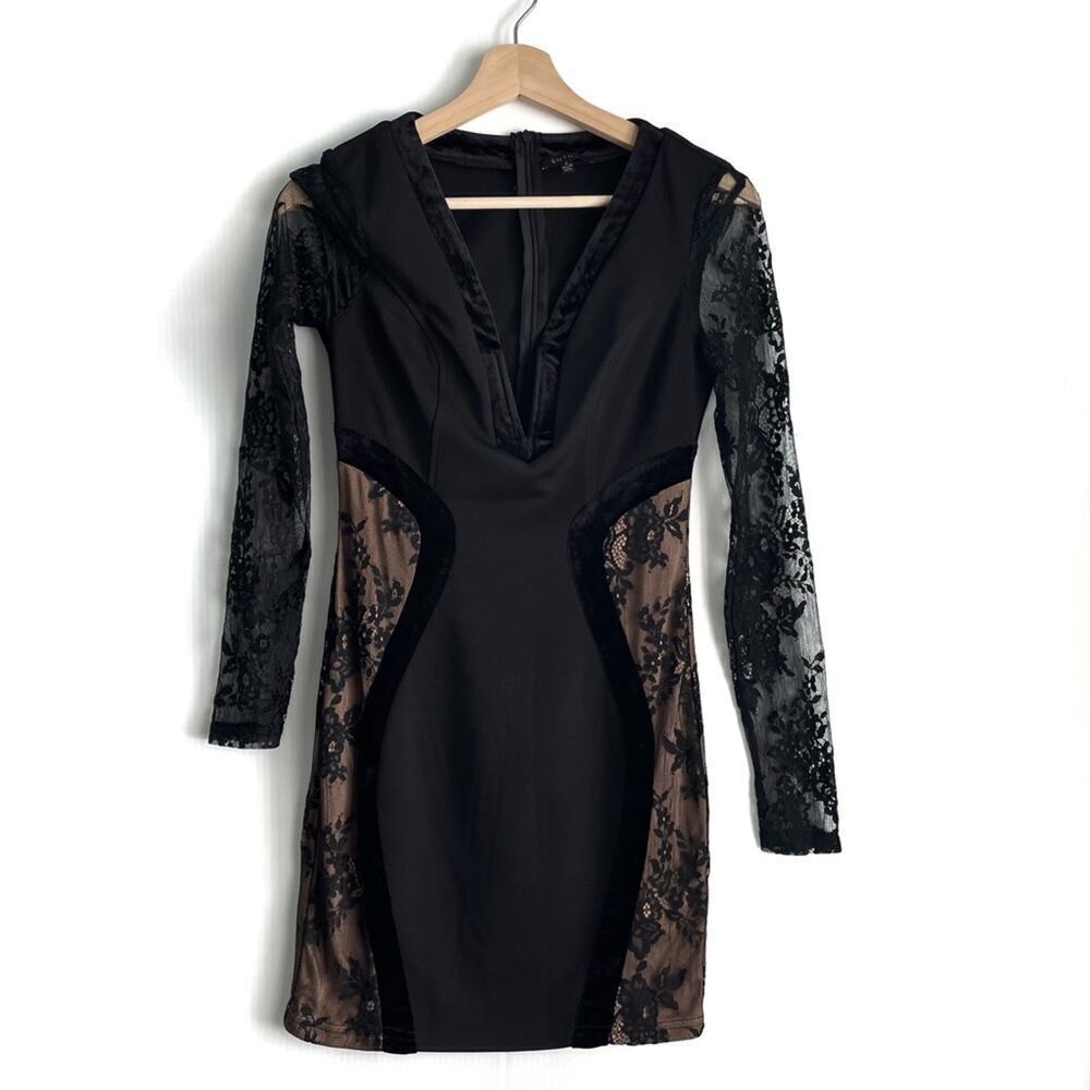 Entry lace long sleeve sexy black dress low cut v-back dress size small